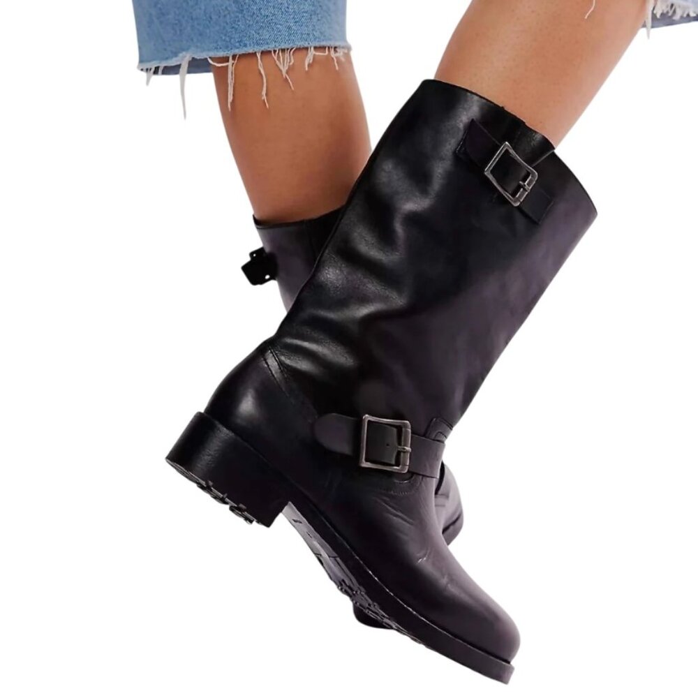 Free People Ride Or Die Leather Engineer Boots in Black